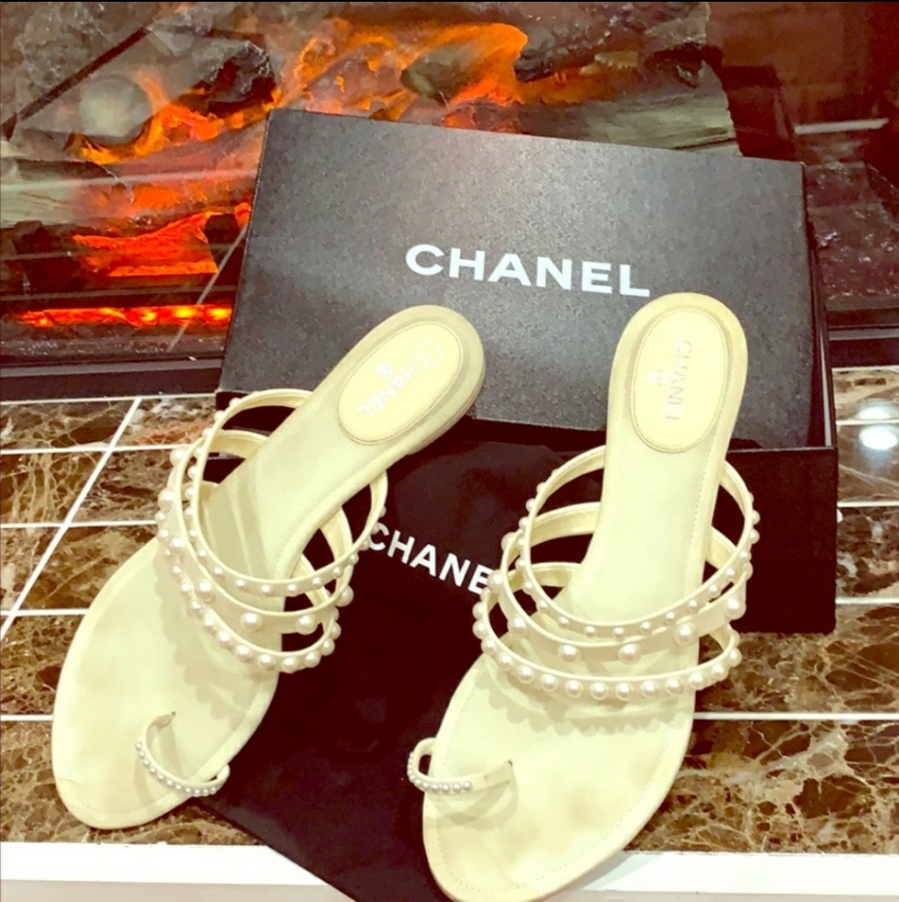 Authentic chanel lambskin pearl sandals.